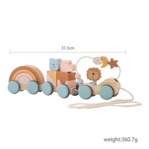 Wooden Baby Pull Toy – Stars, Moon; Animal-Inspired Car for Sensory Play - MONTEFOLY